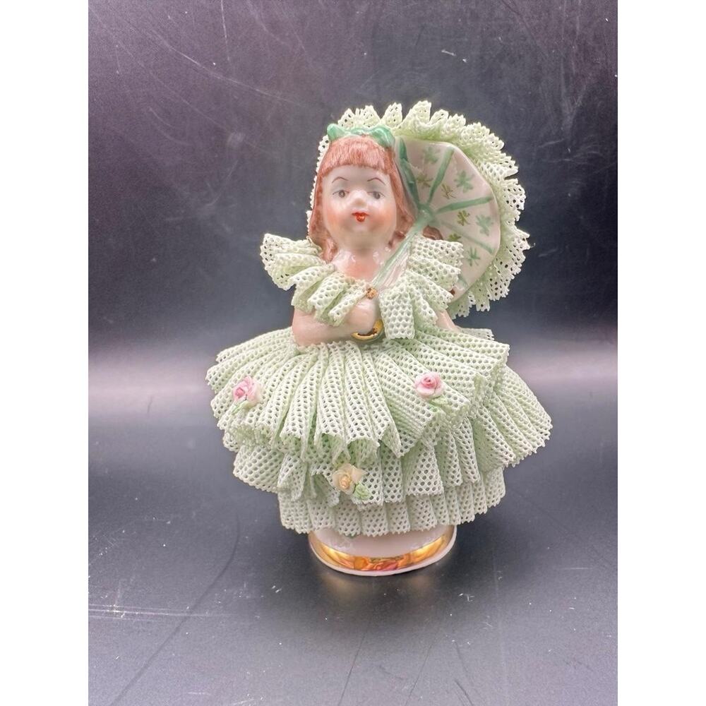 Vintage Dresden Lace Figurine, Girl With Parasol Germany Mint green